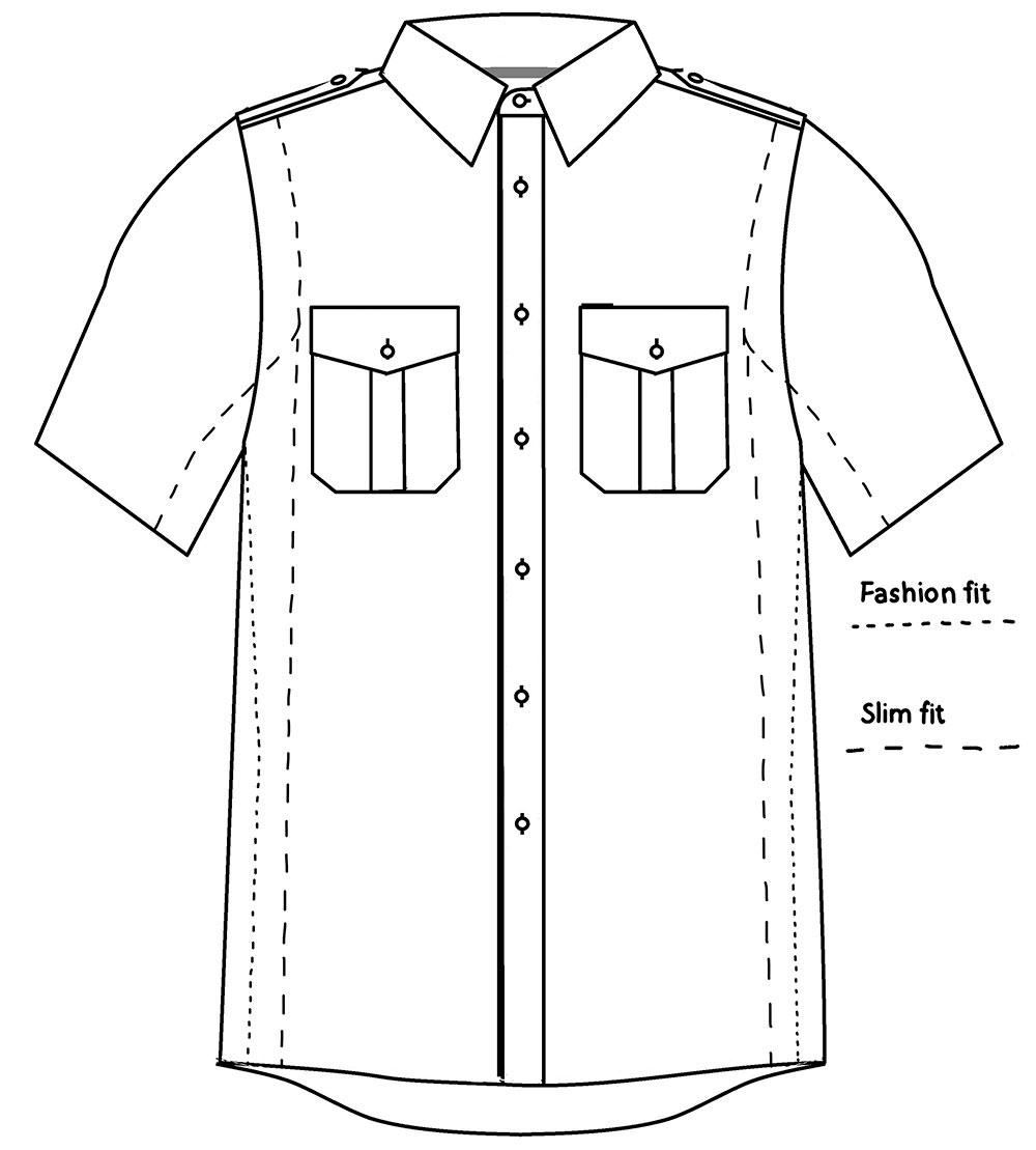 Drawing of pilot shirt with illutration of the difference between fashion fit and slim fit
