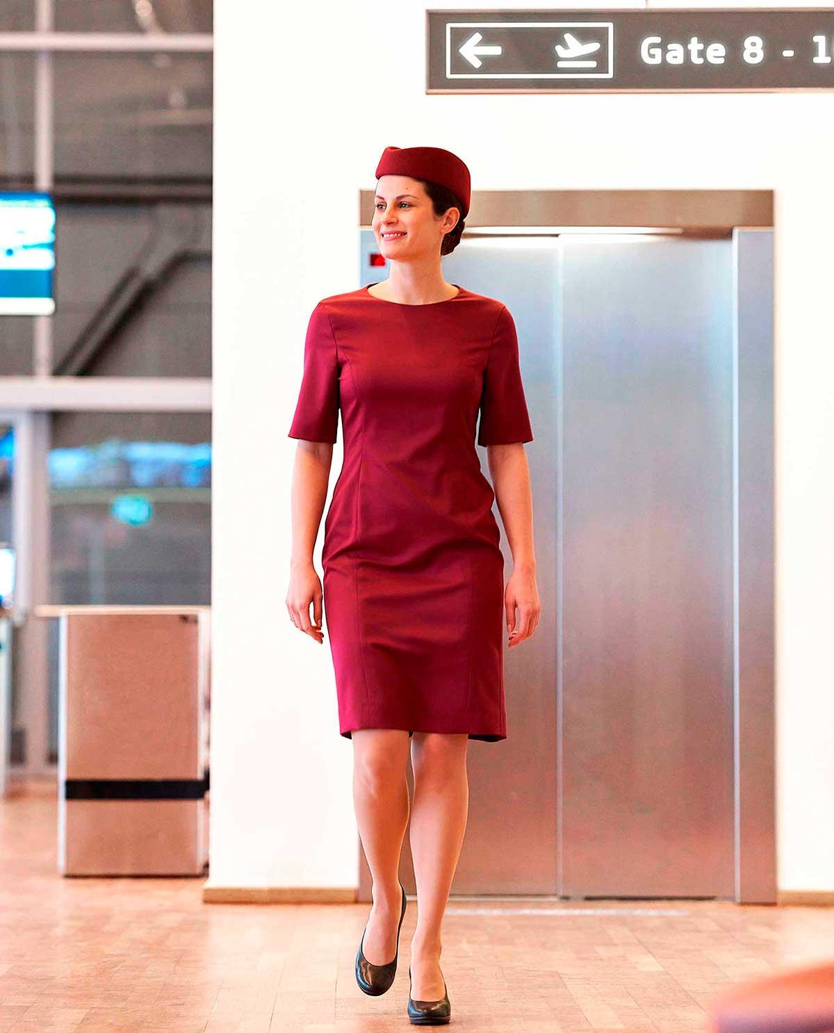 Burgundy cabin crew dress and hat