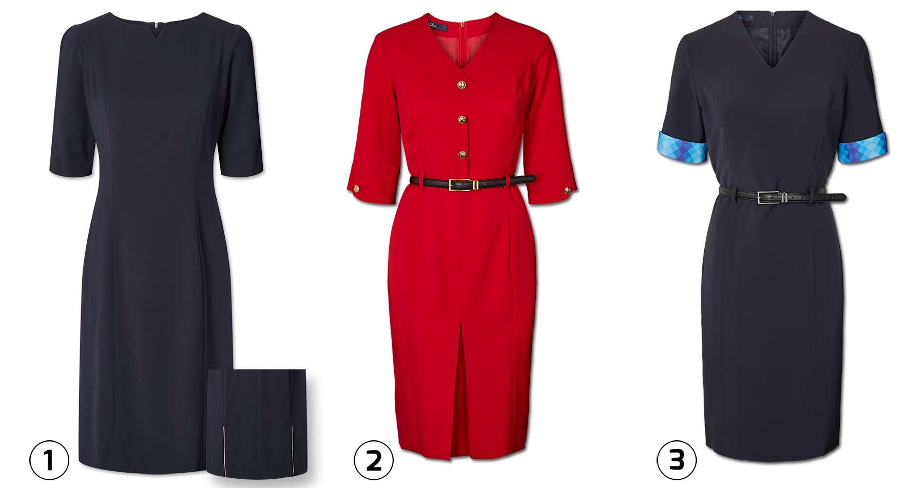 Cabin crew dresses for Iceland air and Jazeera together with a red flight attendant dress with golden buttons
