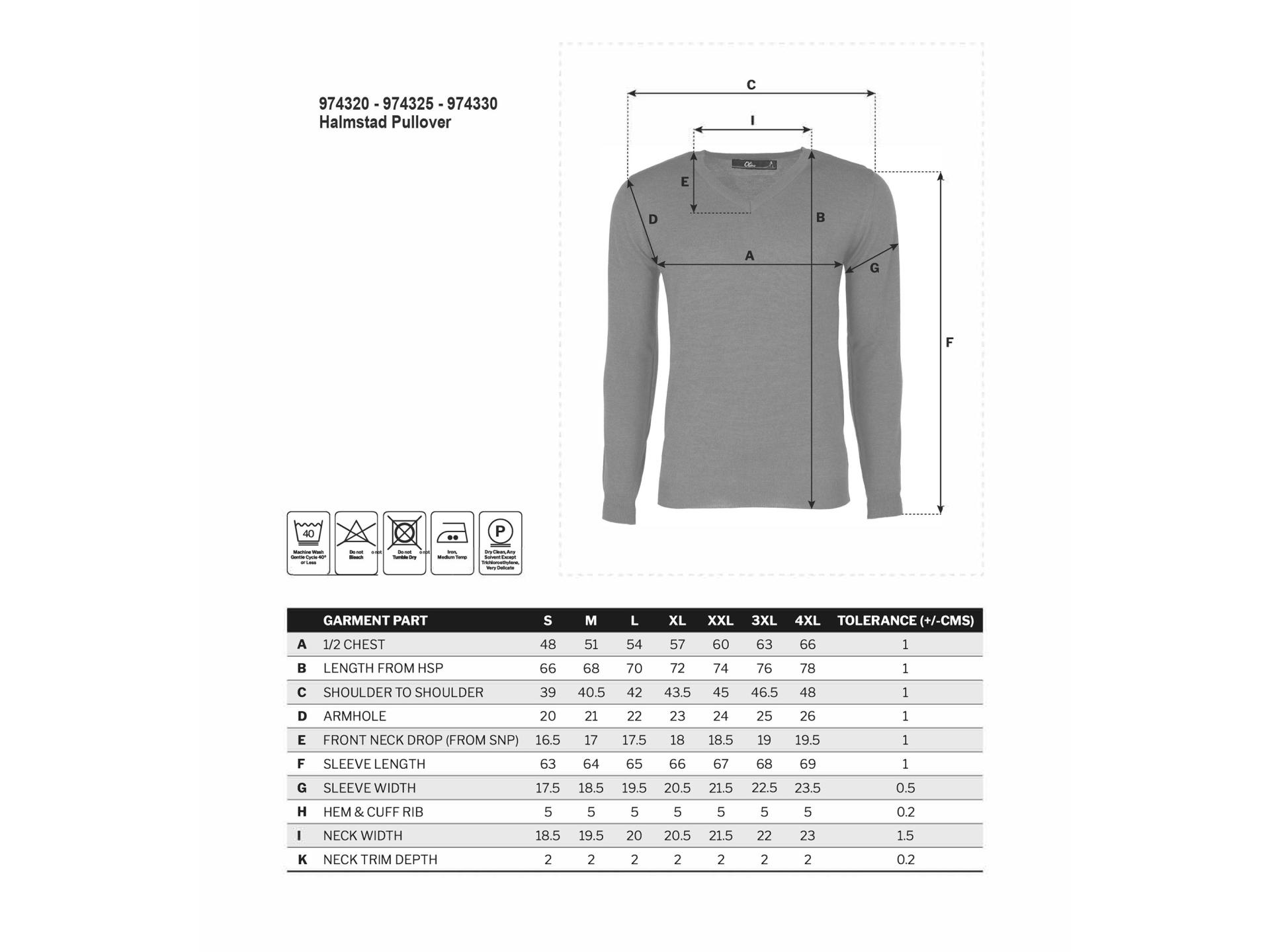 Size guide for uniform pullover for men