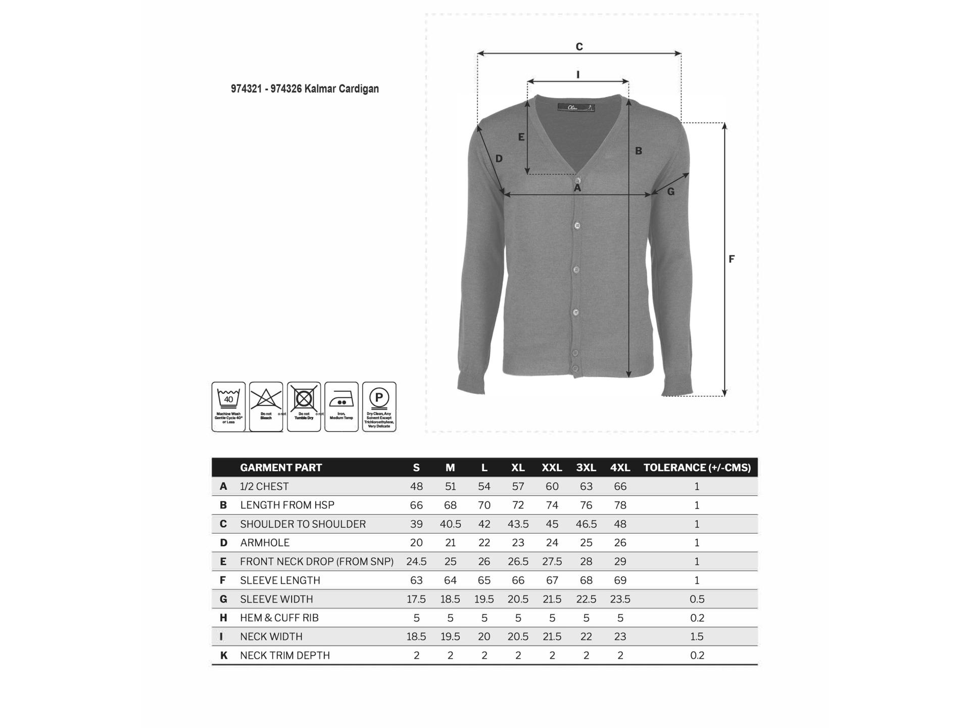 Size guide for uniform cardigan for men