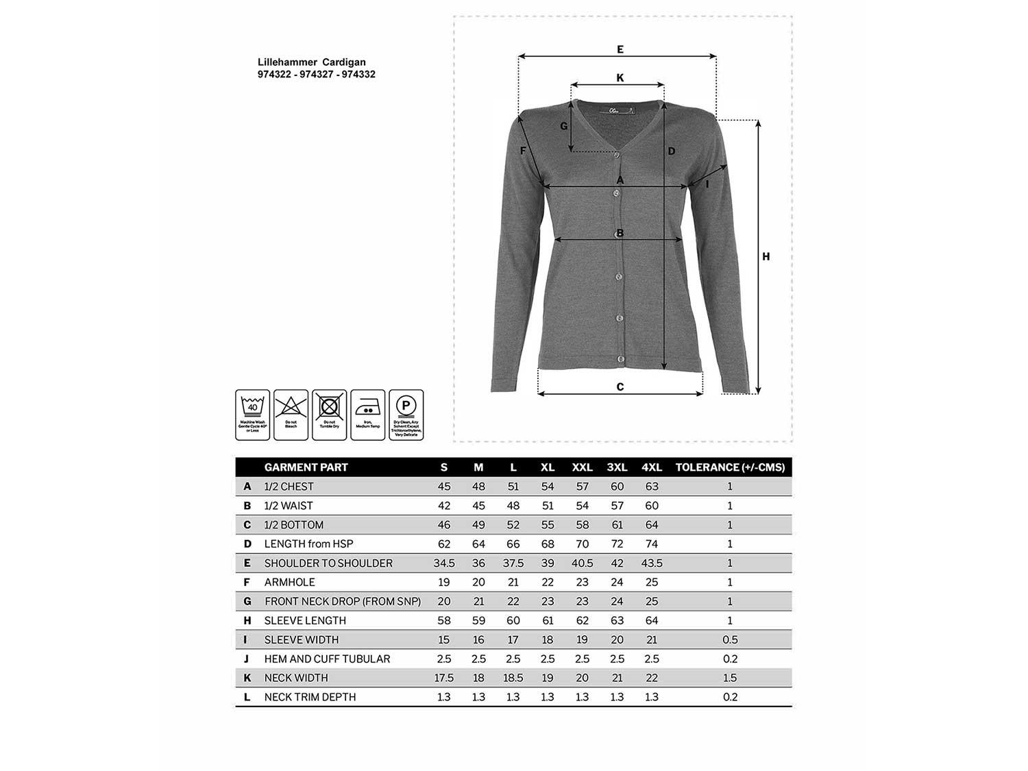 Size guide for uniform cardigan for women
