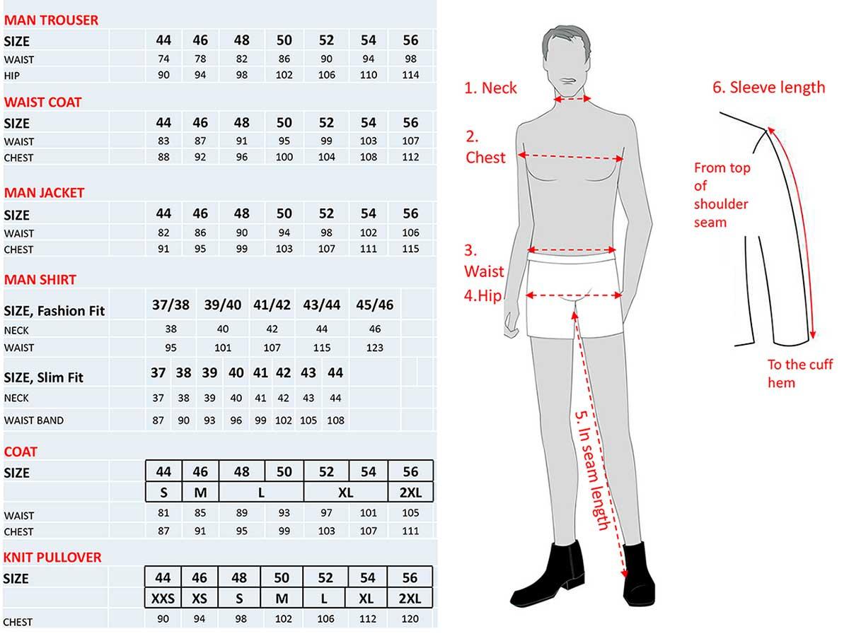 Size guide for airline uniform waist coat for men