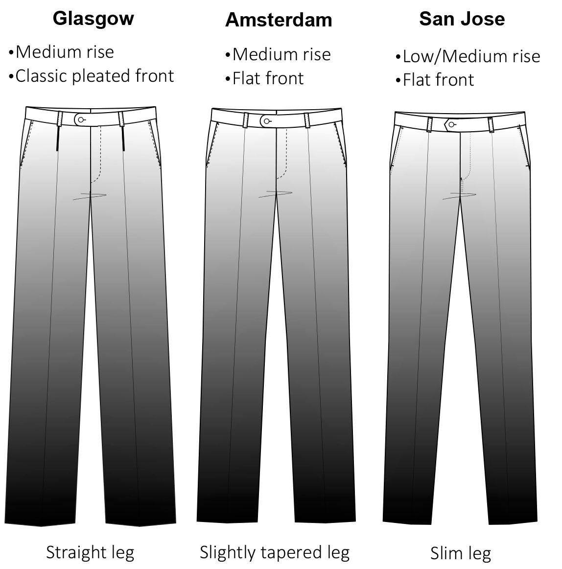 Different shapes of airline uniform trousers for men